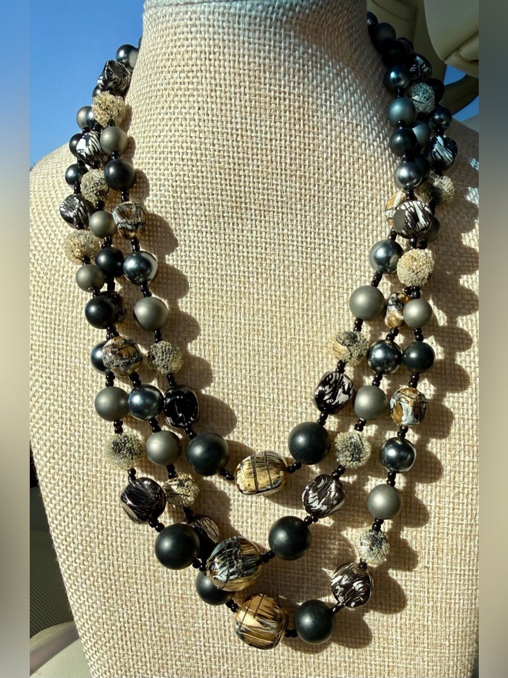 Japan Multi-Strand Black Gold Tone textured Beaded Vintage Statement Necklace
